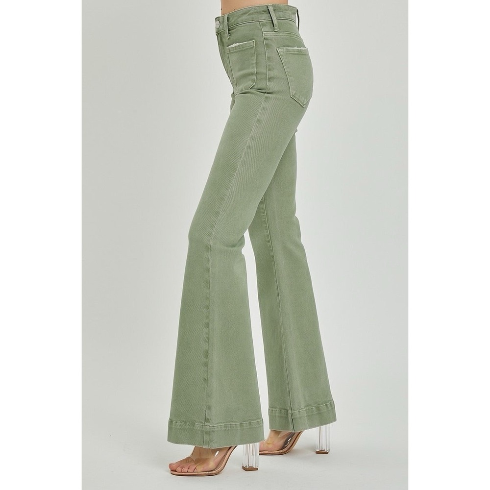 Risen - High Rise Patch Pocket Bell Bottom Jeans Size 0/24 Inseam 32" Olive - Picture 2 of 12